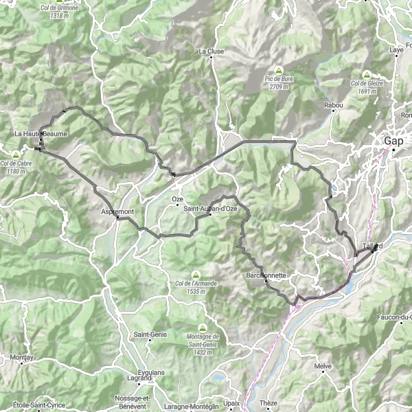 Mapa miniatúra "Cyklotrasa Tallard - Serre Lapin" cyklistická inšpirácia v Provence-Alpes-Côte d’Azur, France. Vygenerované cyklistickým plánovačom trás Tarmacs.app