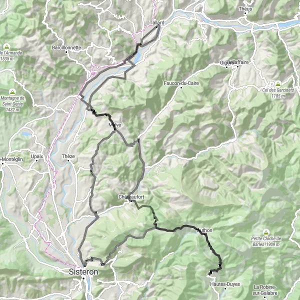 Kartminiatyr av "Tallard till Tallard via Col de Fontbelle" cykelinspiration i Provence-Alpes-Côte d’Azur, France. Genererad av Tarmacs.app cykelruttplanerare