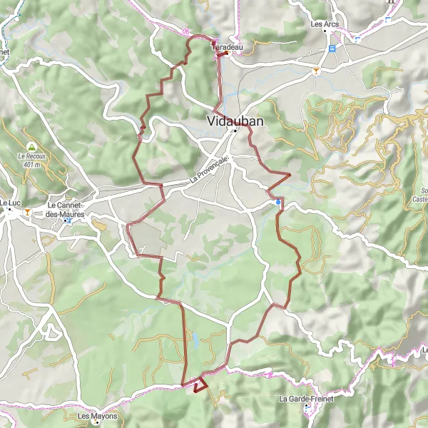 Miniaturní mapa "Gravel Route from Taradeau" inspirace pro cyklisty v oblasti Provence-Alpes-Côte d’Azur, France. Vytvořeno pomocí plánovače tras Tarmacs.app