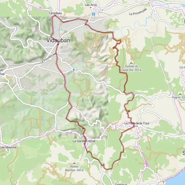 Miniaturekort af cykelinspirationen "Grusvej cykeltur til Vidauban" i Provence-Alpes-Côte d’Azur, France. Genereret af Tarmacs.app cykelruteplanlægger