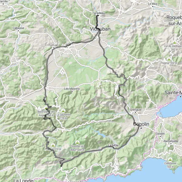 Mapa miniatúra "Okružná cyklistická trasa Taradeau - Taradeau" cyklistická inšpirácia v Provence-Alpes-Côte d’Azur, France. Vygenerované cyklistickým plánovačom trás Tarmacs.app