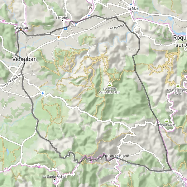 Miniaturní mapa "Okružní cyklistická trasa Les Arcs-Vidauban" inspirace pro cyklisty v oblasti Provence-Alpes-Côte d’Azur, France. Vytvořeno pomocí plánovače tras Tarmacs.app