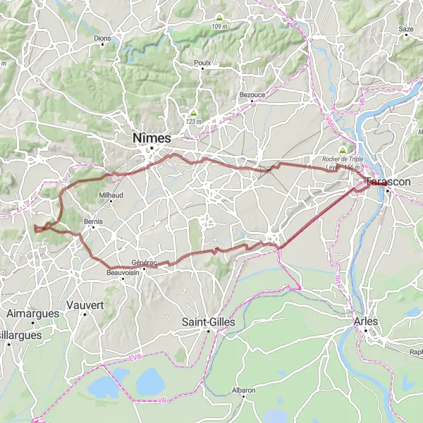 Miniatua del mapa de inspiración ciclista "Ruta de grava por Uchaud" en Provence-Alpes-Côte d’Azur, France. Generado por Tarmacs.app planificador de rutas ciclistas
