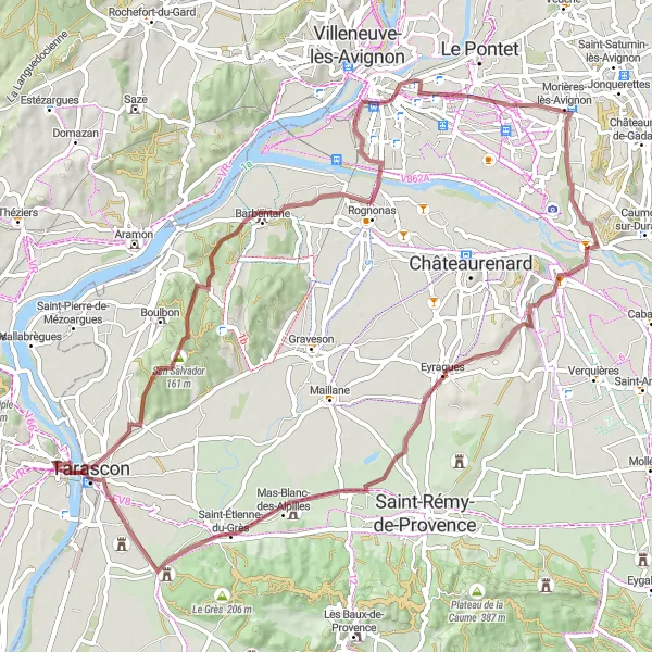 Miniatua del mapa de inspiración ciclista "Aventura Gravel por Eyragues y Notre-Dame-du-Château" en Provence-Alpes-Côte d’Azur, France. Generado por Tarmacs.app planificador de rutas ciclistas