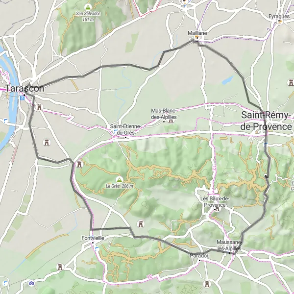 Miniatua del mapa de inspiración ciclista "Recorrido en carretera por Maussane-les-Alpilles" en Provence-Alpes-Côte d’Azur, France. Generado por Tarmacs.app planificador de rutas ciclistas