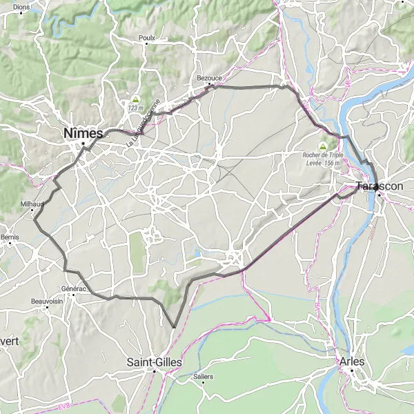 Miniatua del mapa de inspiración ciclista "Ruta Panorámica por Pont ancien y Milhaud" en Provence-Alpes-Côte d’Azur, France. Generado por Tarmacs.app planificador de rutas ciclistas