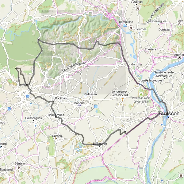 Miniatua del mapa de inspiración ciclista "Desafío Ciclista por Bellegarde y Lédenon" en Provence-Alpes-Côte d’Azur, France. Generado por Tarmacs.app planificador de rutas ciclistas