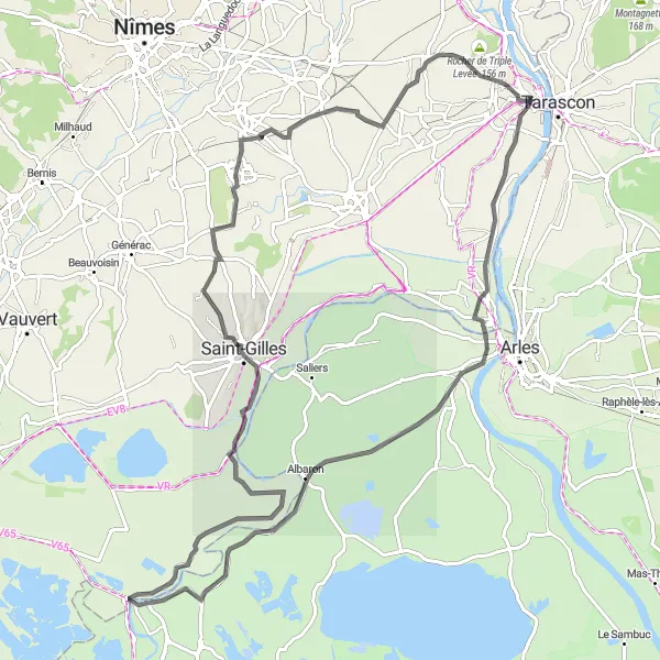 Miniatua del mapa de inspiración ciclista "Recorrido en carretera por Albaron" en Provence-Alpes-Côte d’Azur, France. Generado por Tarmacs.app planificador de rutas ciclistas