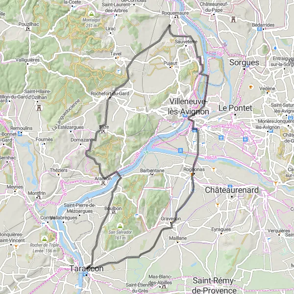 Miniatua del mapa de inspiración ciclista "Tour en carretera por Sauveterre" en Provence-Alpes-Côte d’Azur, France. Generado por Tarmacs.app planificador de rutas ciclistas