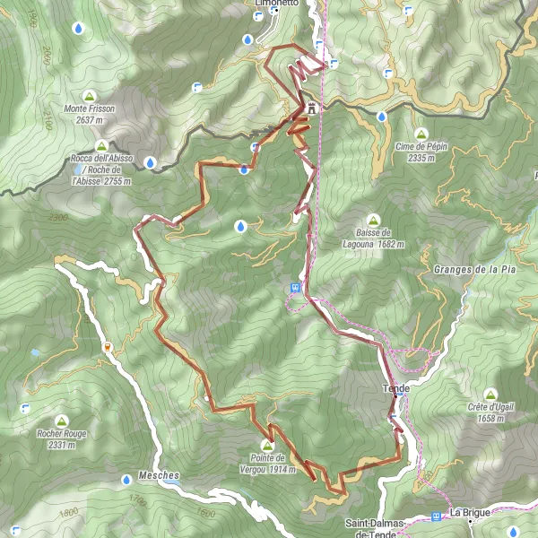 Miniatua del mapa de inspiración ciclista "Ruta de Grava Tende - Panice Soprana - Col de Tende - Le Caïron" en Provence-Alpes-Côte d’Azur, France. Generado por Tarmacs.app planificador de rutas ciclistas
