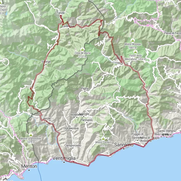 Zemljevid v pomanjšavi "Razburljiva kolesarska avantura v okolici Tende" kolesarske inspiracije v Provence-Alpes-Côte d’Azur, France. Generirano z načrtovalcem kolesarskih poti Tarmacs.app