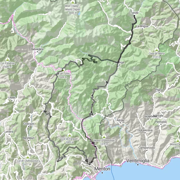 Miniaturní mapa "Cyklistická trasa Alpes-Maritimes" inspirace pro cyklisty v oblasti Provence-Alpes-Côte d’Azur, France. Vytvořeno pomocí plánovače tras Tarmacs.app