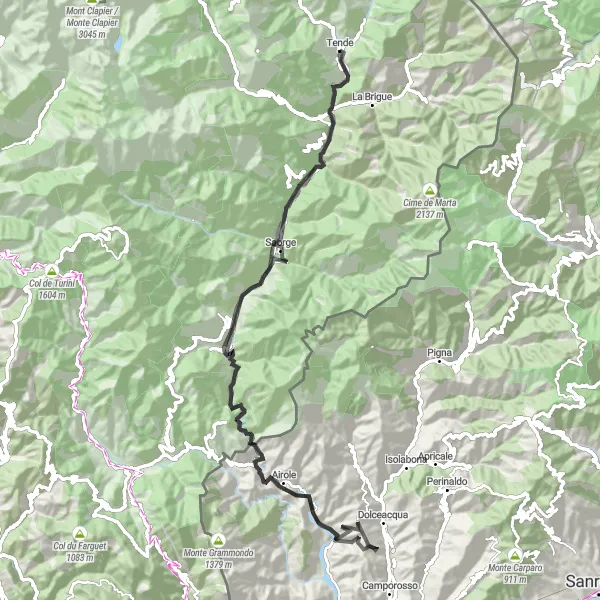 Miniaturní mapa "Road cycling adventure through San Michele and Airole" inspirace pro cyklisty v oblasti Provence-Alpes-Côte d’Azur, France. Vytvořeno pomocí plánovače tras Tarmacs.app