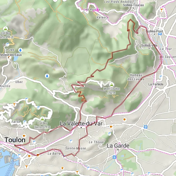 Map miniature of "Gravel Adventure to La Farlède" cycling inspiration in Provence-Alpes-Côte d’Azur, France. Generated by Tarmacs.app cycling route planner