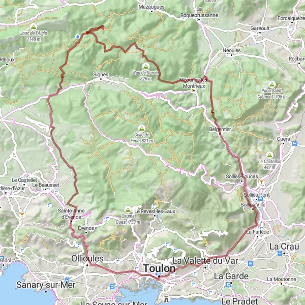Mapa miniatúra "Gravel okolo Toulonu cez Évenos a Méounes-lès-Montrieux" cyklistická inšpirácia v Provence-Alpes-Côte d’Azur, France. Vygenerované cyklistickým plánovačom trás Tarmacs.app