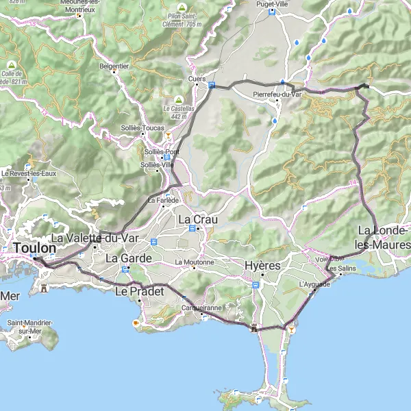 Zemljevid v pomanjšavi "Krožna pot po okolici Toulona" kolesarske inspiracije v Provence-Alpes-Côte d’Azur, France. Generirano z načrtovalcem kolesarskih poti Tarmacs.app