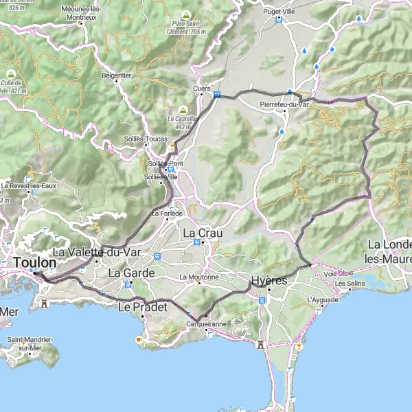 Kartminiatyr av "Vägcykling genom Hyères till Toulon" cykelinspiration i Provence-Alpes-Côte d’Azur, France. Genererad av Tarmacs.app cykelruttplanerare