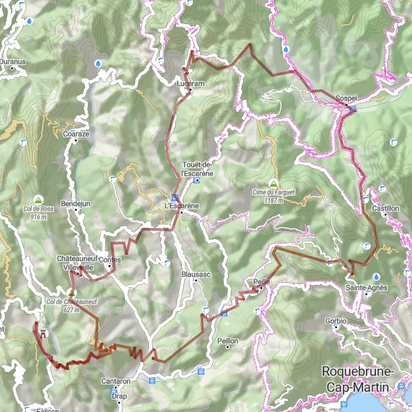 Kartminiatyr av "Episk grusvei eventyr gjennom Lucéram og Peille" sykkelinspirasjon i Provence-Alpes-Côte d’Azur, France. Generert av Tarmacs.app sykkelrutoplanlegger