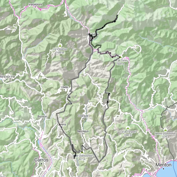 Miniatuurkaart van de fietsinspiratie "Route van Tourrette-Levens via Col de Turini" in Provence-Alpes-Côte d’Azur, France. Gemaakt door de Tarmacs.app fietsrouteplanner