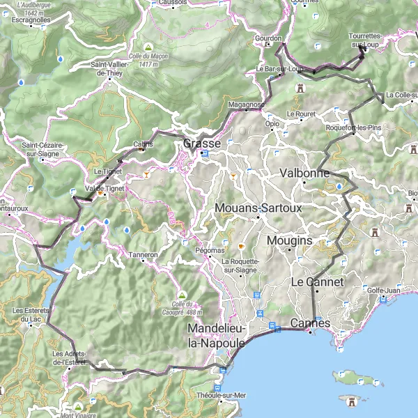 Miniaturní mapa "Tourrettes-sur-Loup - Gourdon" inspirace pro cyklisty v oblasti Provence-Alpes-Côte d’Azur, France. Vytvořeno pomocí plánovače tras Tarmacs.app