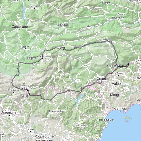 Miniaturní mapa "Úchvatný okruh kolem Grasse" inspirace pro cyklisty v oblasti Provence-Alpes-Côte d’Azur, France. Vytvořeno pomocí plánovače tras Tarmacs.app