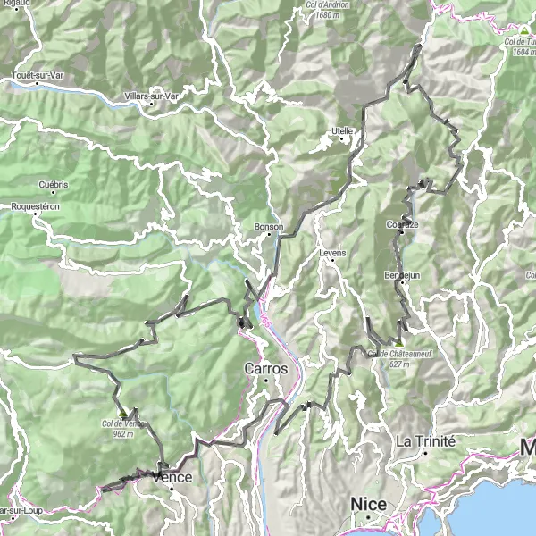 Map miniature of "Road Cycling Route: Tourrettes-sur-Loup Epic Loop" cycling inspiration in Provence-Alpes-Côte d’Azur, France. Generated by Tarmacs.app cycling route planner