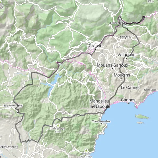 Miniature de la carte de l'inspiration cycliste "Parcours panoramique de 129 km près de Tourrettes-sur-Loup" dans la Provence-Alpes-Côte d’Azur, France. Générée par le planificateur d'itinéraire cycliste Tarmacs.app