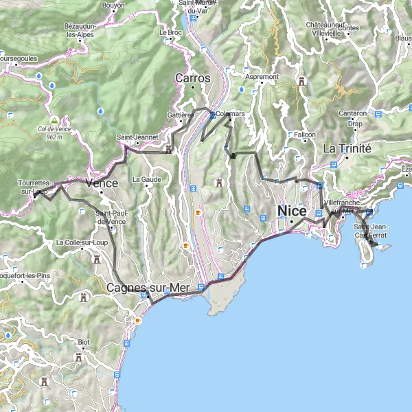 Mapa miniatúra "Vence to Villefranche-sur-Mer Route" cyklistická inšpirácia v Provence-Alpes-Côte d’Azur, France. Vygenerované cyklistickým plánovačom trás Tarmacs.app