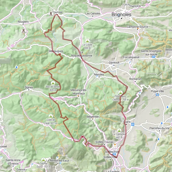 Zemljevid v pomanjšavi "Gravel pot iz Tourvesa skozi Provanco" kolesarske inspiracije v Provence-Alpes-Côte d’Azur, France. Generirano z načrtovalcem kolesarskih poti Tarmacs.app