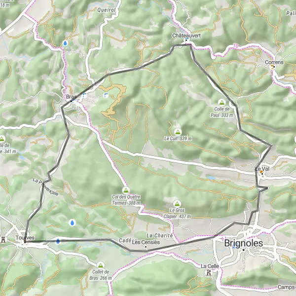 Mapa miniatúra "Road Trasa Château de Valbelle - Tourves" cyklistická inšpirácia v Provence-Alpes-Côte d’Azur, France. Vygenerované cyklistickým plánovačom trás Tarmacs.app