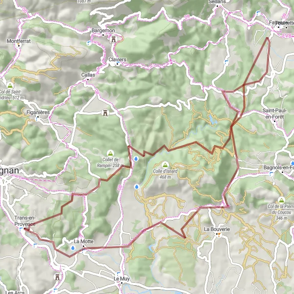 Zemljevid v pomanjšavi "Gorski kolesarski izziv okoli Trans-en-Provence" kolesarske inspiracije v Provence-Alpes-Côte d’Azur, France. Generirano z načrtovalcem kolesarskih poti Tarmacs.app