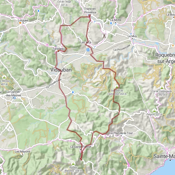 Zemljevid v pomanjšavi "Gravel kolesarska pot skozi Provanco" kolesarske inspiracije v Provence-Alpes-Côte d’Azur, France. Generirano z načrtovalcem kolesarskih poti Tarmacs.app