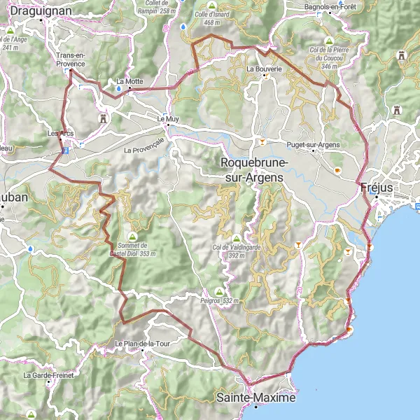 Miniaturní mapa "Výlet do Gorges du Blavet a Les Issambres" inspirace pro cyklisty v oblasti Provence-Alpes-Côte d’Azur, France. Vytvořeno pomocí plánovače tras Tarmacs.app