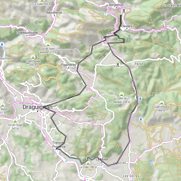 Zemljevid v pomanjšavi "Cestno kolesarjenje med vinogradi in vasmi" kolesarske inspiracije v Provence-Alpes-Côte d’Azur, France. Generirano z načrtovalcem kolesarskih poti Tarmacs.app