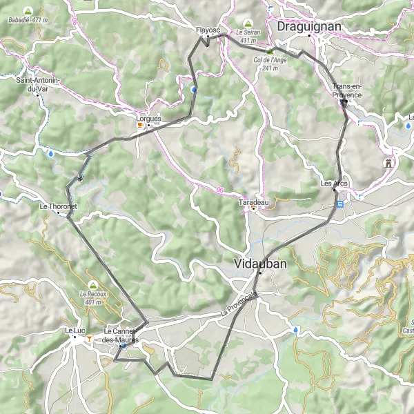 Miniature de la carte de l'inspiration cycliste "Boucle de Trans-en-Provence à Vidauban et Flayosc" dans la Provence-Alpes-Côte d’Azur, France. Générée par le planificateur d'itinéraire cycliste Tarmacs.app