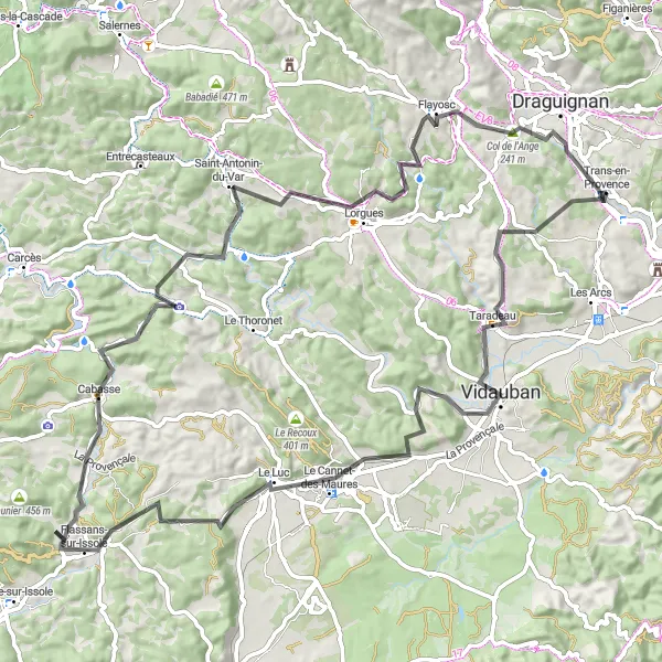 Miniaturní mapa "Provence Road Adventure" inspirace pro cyklisty v oblasti Provence-Alpes-Côte d’Azur, France. Vytvořeno pomocí plánovače tras Tarmacs.app