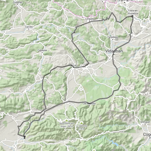 Mapa miniatúra "Okruh cez Vidauban a Flassans-sur-Issole" cyklistická inšpirácia v Provence-Alpes-Côte d’Azur, France. Vygenerované cyklistickým plánovačom trás Tarmacs.app