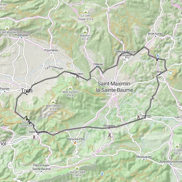 Miniaturní mapa "Road: Trets - Pourcieux - La Lombarde - Pied de Gouin - Tourves - Saint-Zacharie - Pas de la Couelle" inspirace pro cyklisty v oblasti Provence-Alpes-Côte d’Azur, France. Vytvořeno pomocí plánovače tras Tarmacs.app