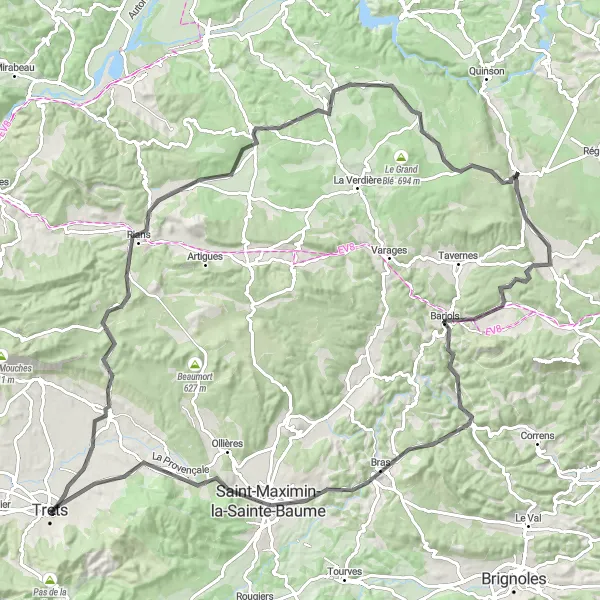 Kartminiatyr av "Trets til Châteauvert Loop" sykkelinspirasjon i Provence-Alpes-Côte d’Azur, France. Generert av Tarmacs.app sykkelrutoplanlegger