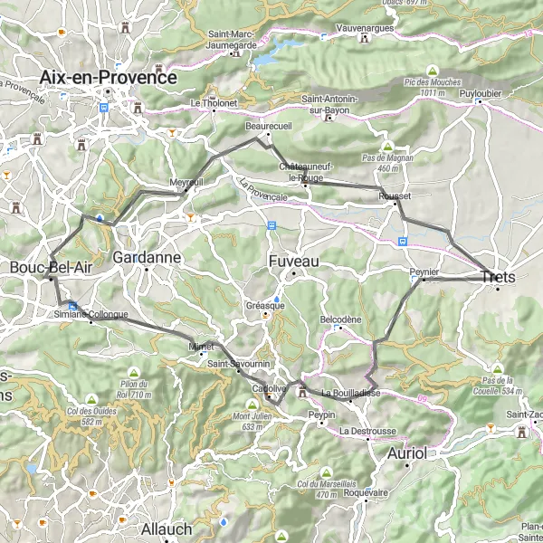 Miniaturní mapa "Road: Trets - La Bouilladisse - Mont Julien - Saint-Savournin - Bouc-Bel-Air - Châteauneuf-le-Rouge - Trets" inspirace pro cyklisty v oblasti Provence-Alpes-Côte d’Azur, France. Vytvořeno pomocí plánovače tras Tarmacs.app