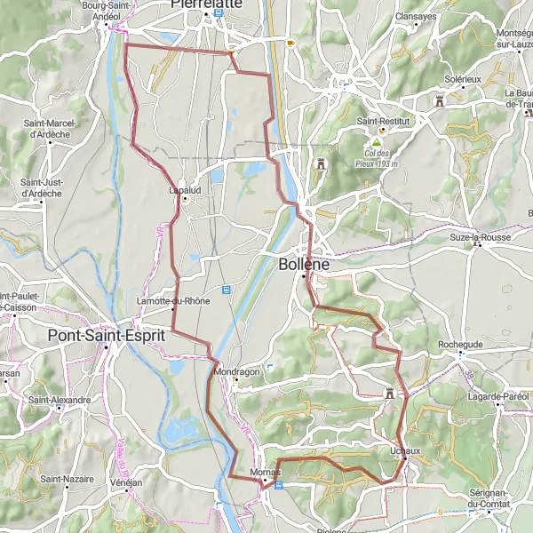 Zemljevid v pomanjšavi "Gravel Mornas-Bollène Loop" kolesarske inspiracije v Provence-Alpes-Côte d’Azur, France. Generirano z načrtovalcem kolesarskih poti Tarmacs.app