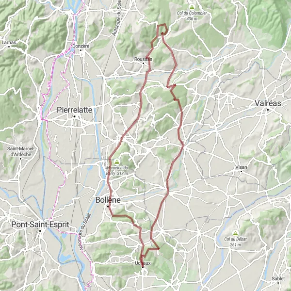 Map miniature of "Challenging Gravel Voyage: Uchaux Exploration" cycling inspiration in Provence-Alpes-Côte d’Azur, France. Generated by Tarmacs.app cycling route planner