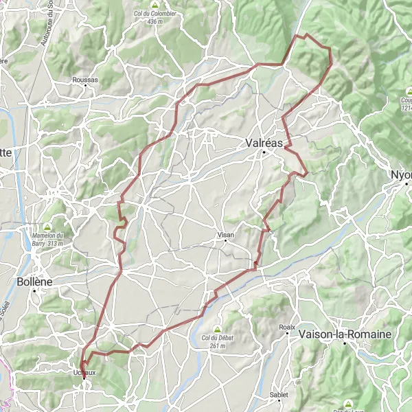 Miniatura mapy "Trasa Uchaux - Collège Vallis Aéria - Lagarde-Paréol" - trasy rowerowej w Provence-Alpes-Côte d’Azur, France. Wygenerowane przez planer tras rowerowych Tarmacs.app