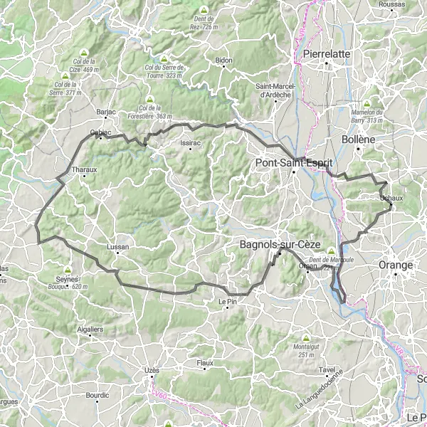 Mapa miniatúra "Kruhová cyklotrasa Piolenc - Uchaux" cyklistická inšpirácia v Provence-Alpes-Côte d’Azur, France. Vygenerované cyklistickým plánovačom trás Tarmacs.app