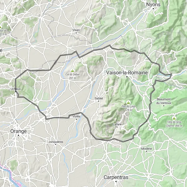 Mapa miniatúra "Kruhová cyklotrasa Sainte-Cécile-les-Vignes - Uchaux" cyklistická inšpirácia v Provence-Alpes-Côte d’Azur, France. Vygenerované cyklistickým plánovačom trás Tarmacs.app