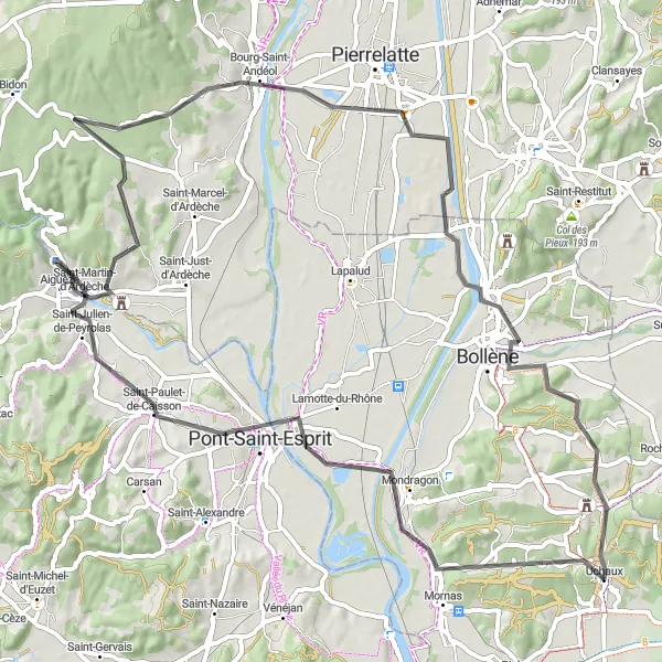 Mapa miniatúra "Cestný okruh cez Pont-Saint-Esprit a Bourg-Saint-Andéol" cyklistická inšpirácia v Provence-Alpes-Côte d’Azur, France. Vygenerované cyklistickým plánovačom trás Tarmacs.app