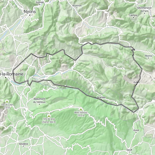 Miniature de la carte de l'inspiration cycliste "Les montagnes et les panoramas de Vaison-la-Romaine" dans la Provence-Alpes-Côte d’Azur, France. Générée par le planificateur d'itinéraire cycliste Tarmacs.app