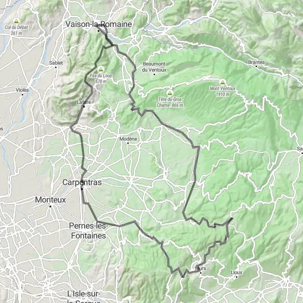 Karttaminiaatyyri "Haastava Maantieajelu Malaucènesta Crestetiin" pyöräilyinspiraatiosta alueella Provence-Alpes-Côte d’Azur, France. Luotu Tarmacs.app pyöräilyreittisuunnittelijalla