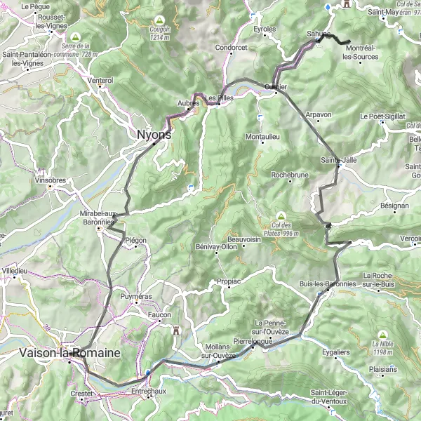 Map miniature of "Vintners and Falcons" cycling inspiration in Provence-Alpes-Côte d’Azur, France. Generated by Tarmacs.app cycling route planner