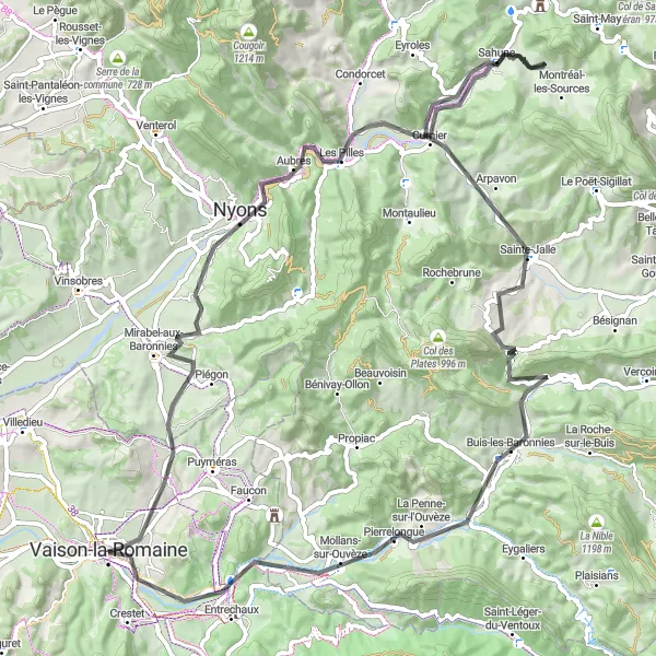 Miniatua del mapa de inspiración ciclista "Ruta en Carretera a través de Mirabel-aux-Baronnies y Rocher des Fées" en Provence-Alpes-Côte d’Azur, France. Generado por Tarmacs.app planificador de rutas ciclistas